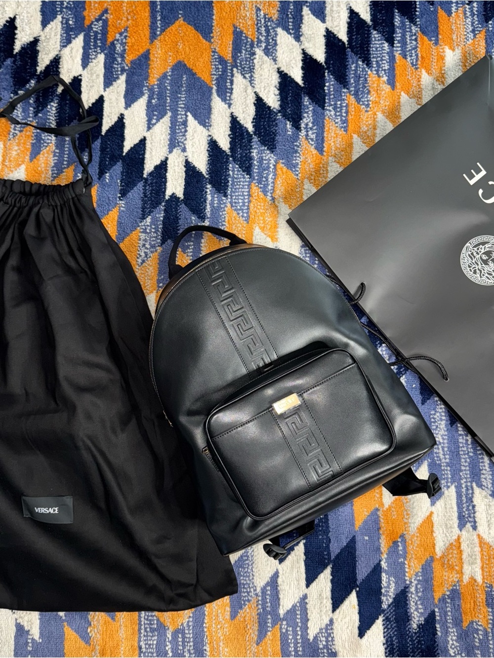 Versace Black Leather Men's Vitello Greca Embossed Backpack New NWT Dust bag